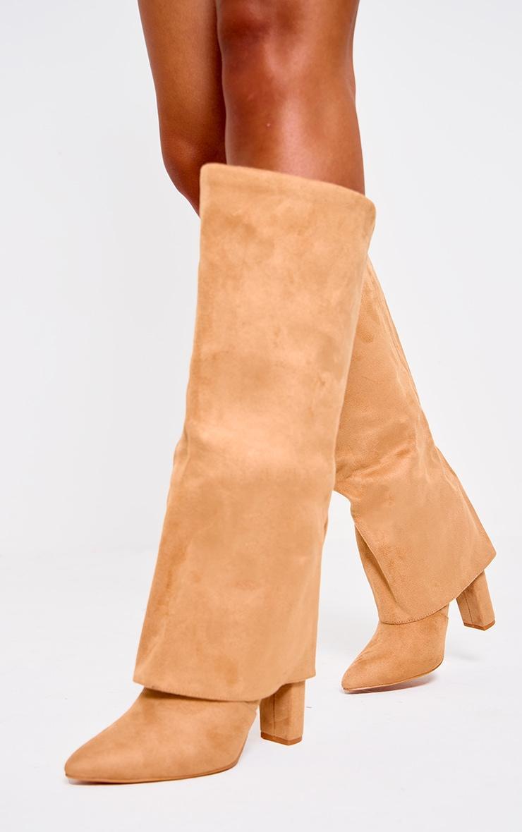 Camel Wide Fit Faux Suede Pointed Fold Over Block Heel Knee Boots product image