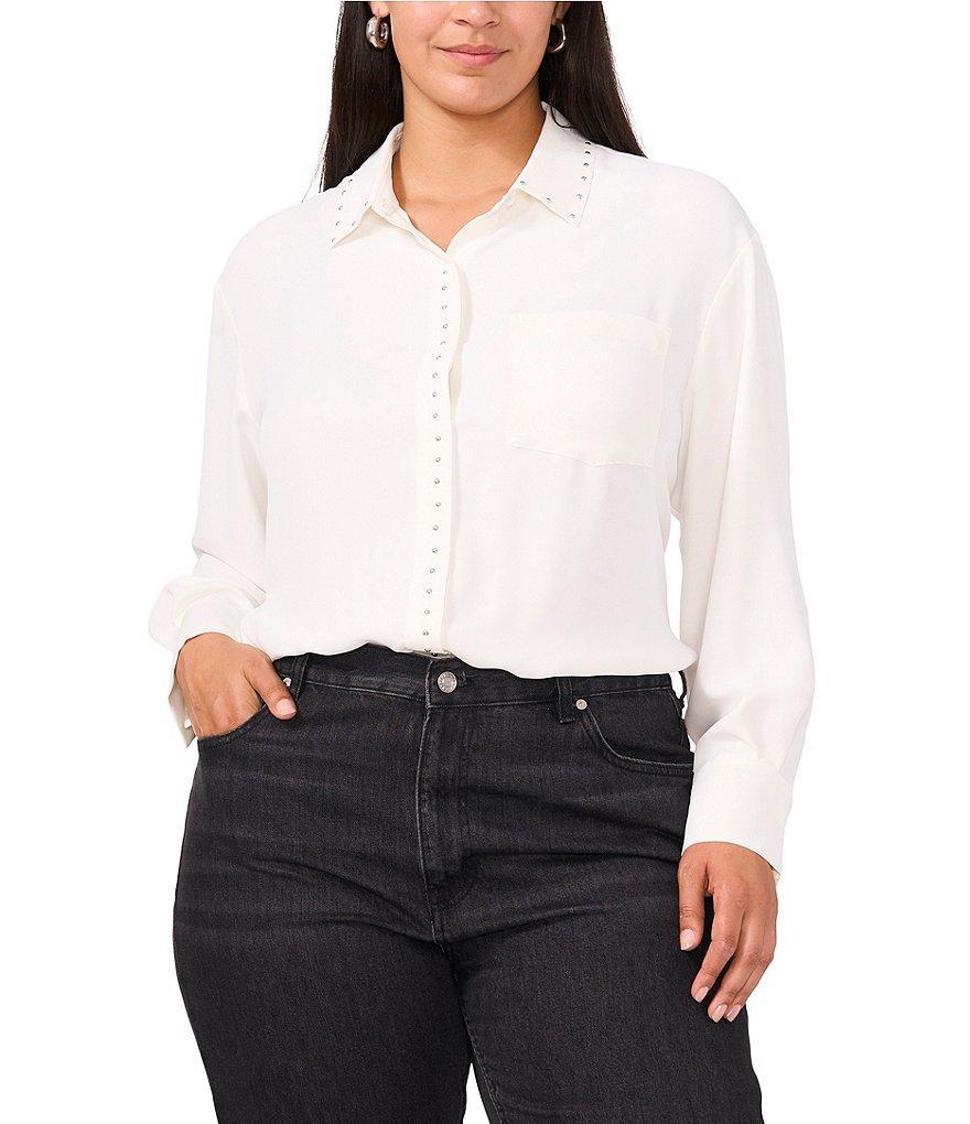 Vince Camuto Plus Woven Stud Embellished Point Collar Long Sleeve Button Down Shirttail Blouse product image