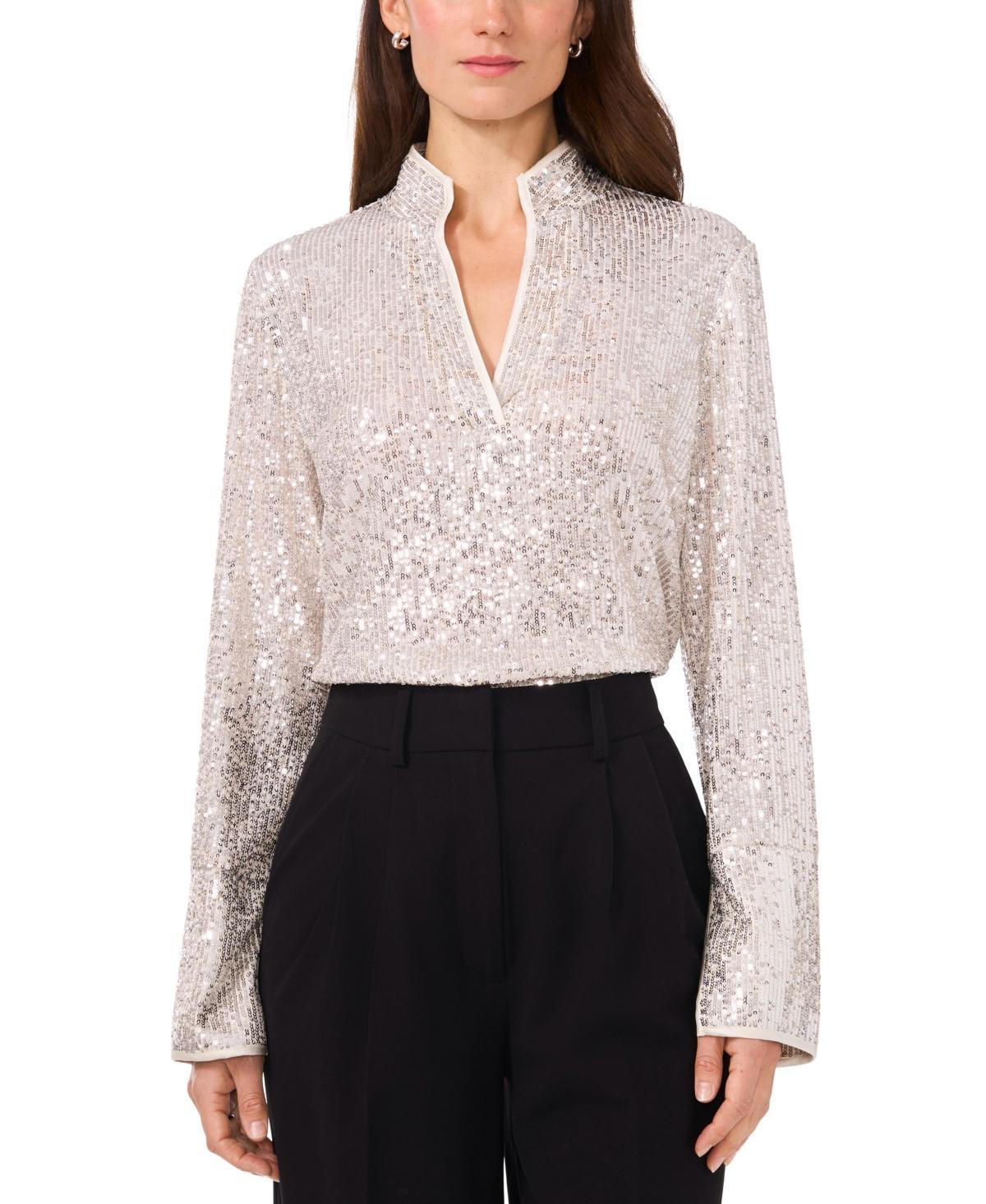 Vince Camuto Womens Sequined Split-Neck Tunic Blouse Product Image