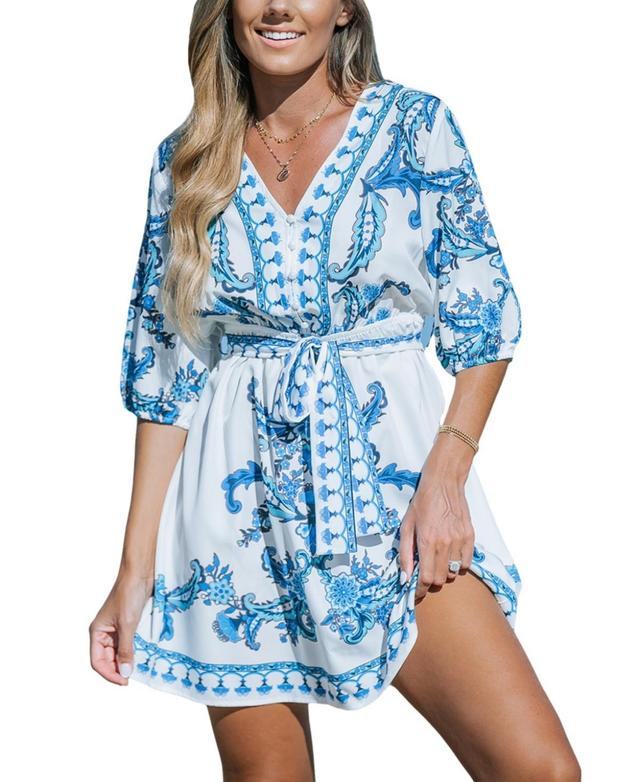 Cupshe Womens Blue Paisley Boho Puff Sleeve Mini Cover Up Dress - White Product Image