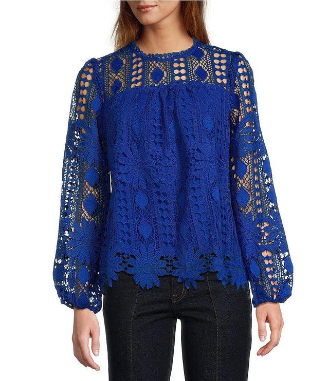 Skies Are Blue Border Lace Crew Neck Long Sleeve Top Product Image