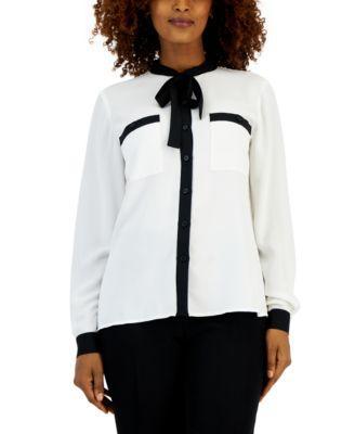 Kasper Womens Contrast-Trim Tie-Neck Long-Sleeve Blouse - Vanilla Ice Product Image