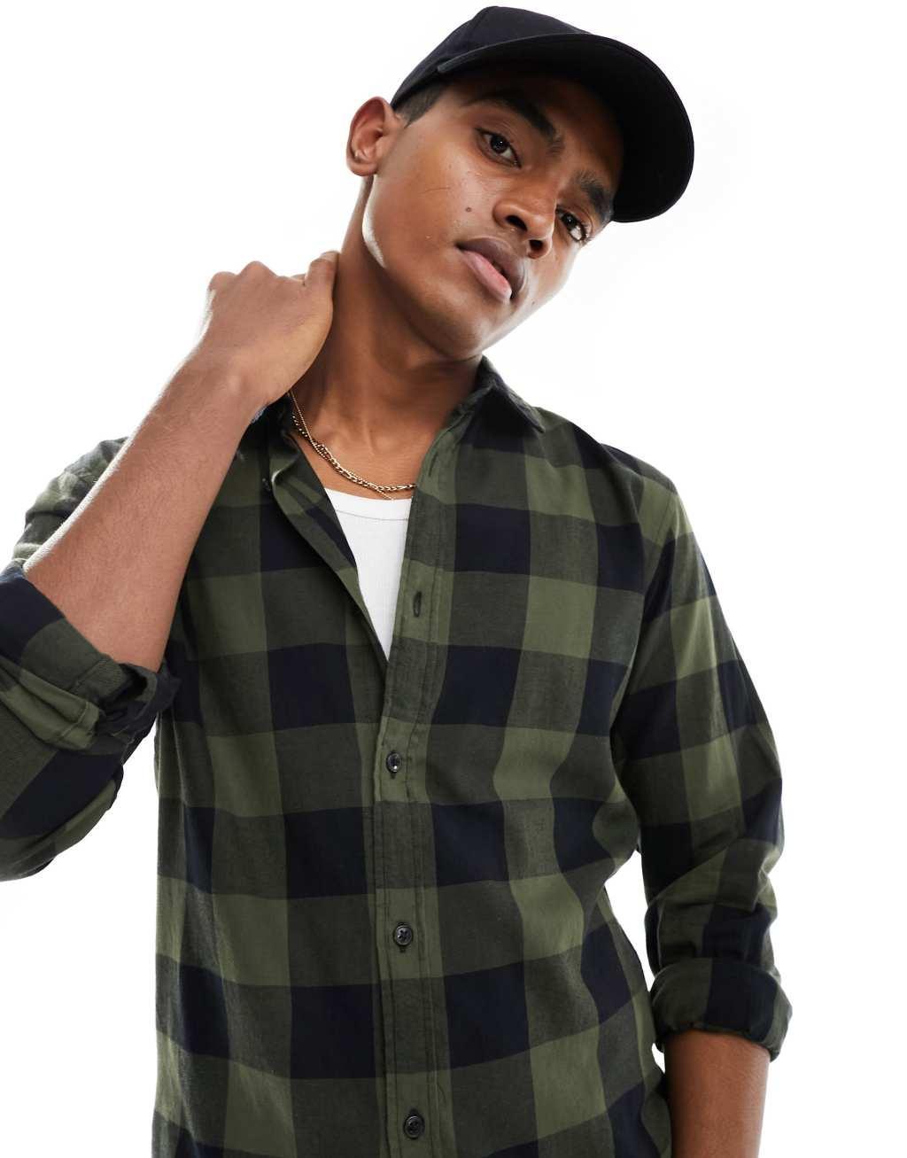 Jack & Jones Essentials buffalo plaid shirt in khaki & black Product Image