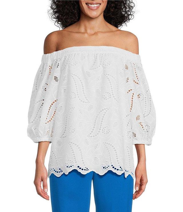 Preston & York Shelley Eyelet Off-The-Shoulder 3/4 Puff Sleeve Blouse Product Image