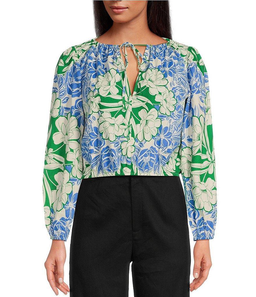 Gianni Bini Camilla Floral Print Linen Blend Boat Neck Tie Front Long Sleeve Blouse Product Image