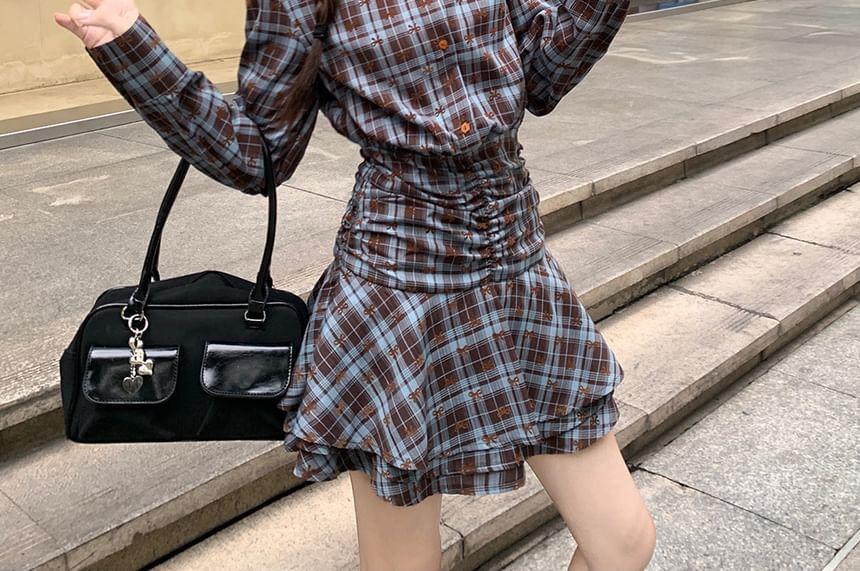 Long-Sleeve Collared Plaid Ruched Layered Half-Buttoned Mini A-Line Dress Product Image