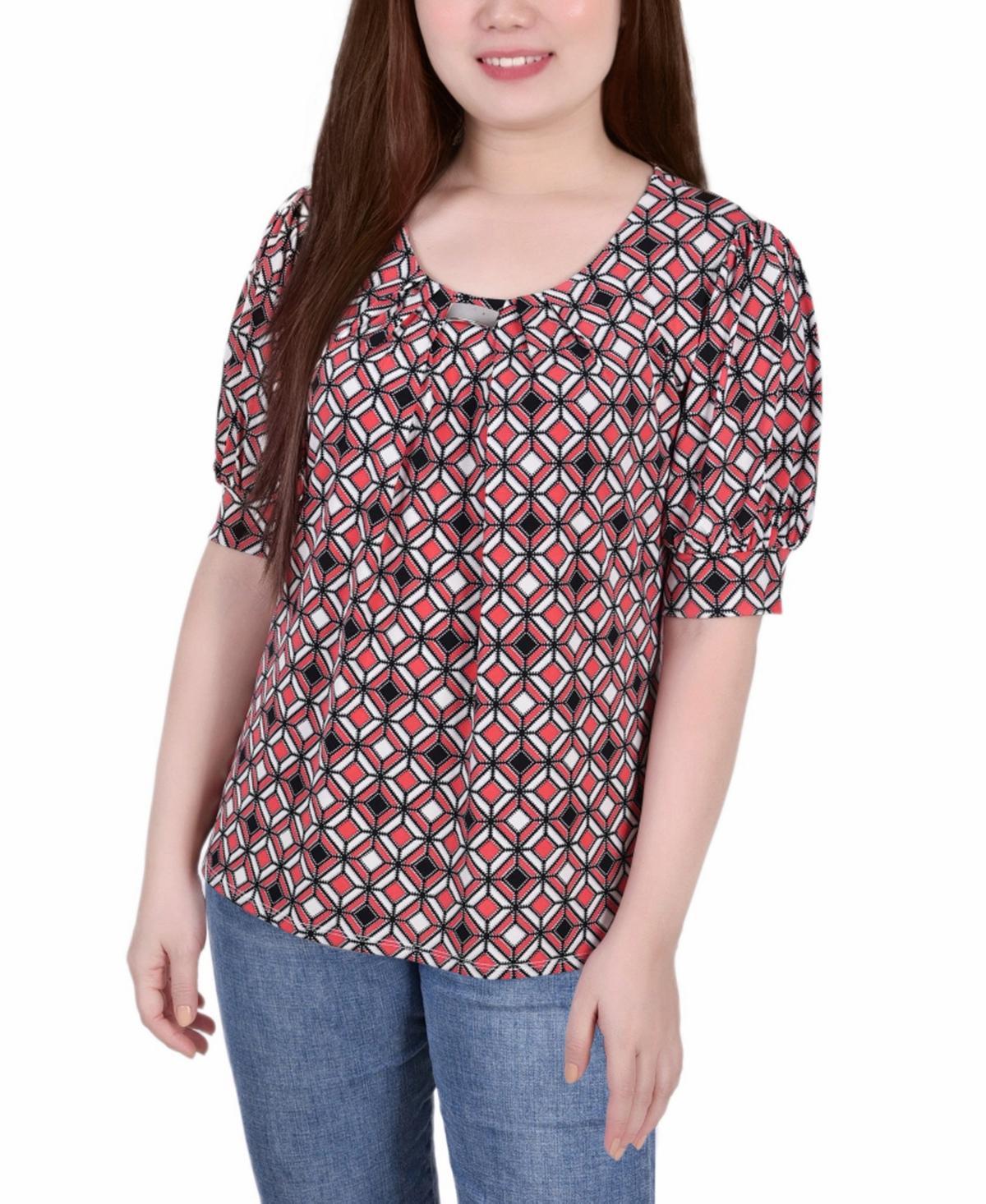 NY Collection Petite Short Sleeve Balloon Sleeve Top -NAVY SQUAR Product Image