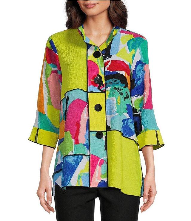 Ali Miles Petite Size Woven Patchwork Print Wire Collar 3/4 Sleeve Button-Front Tunic Product Image