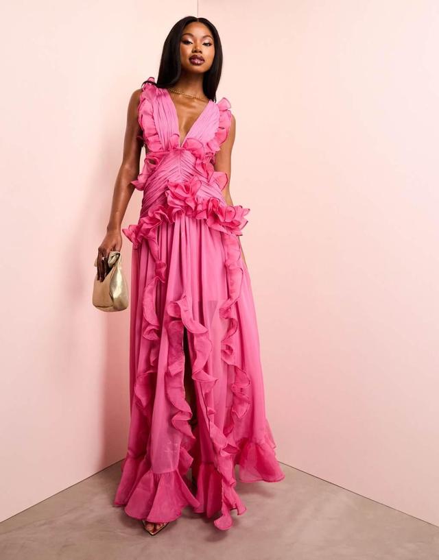 ASOS LUXE plunge maxi dress with ruched chiffon detail & open back in hot pink Product Image