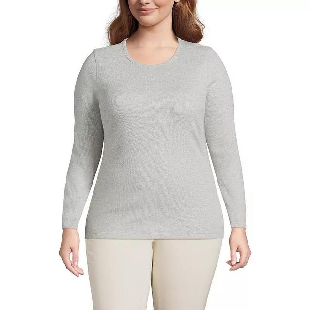 Plus Size Lands End Long Sleeve Micro Rib Crewneck Top, Womens Gray Grey Product Image