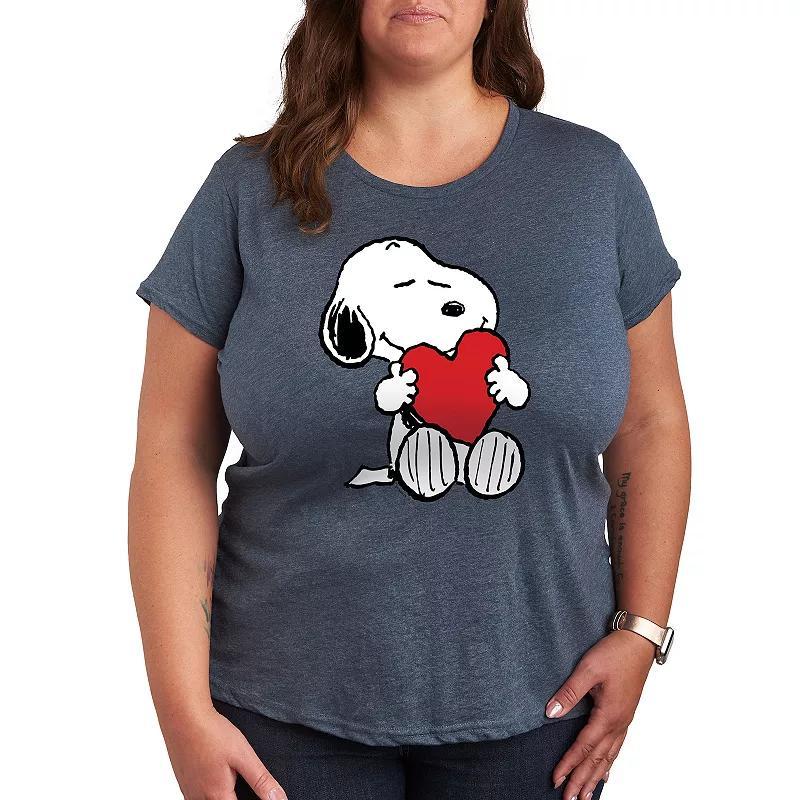 Plus Peanuts Snoppy Valentines Hugging Heart Graphic Tee, Womens Grey Blue Product Image