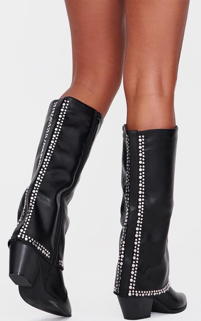 Black PU Point Toe Studded Fold Over Low Block Heeled Boots Product Image