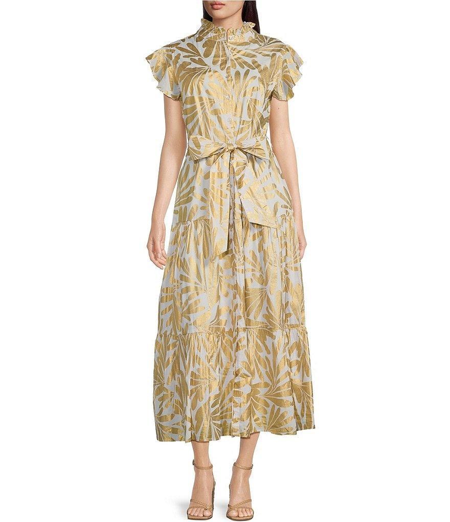 Jude Connally Mirabella Woven Ornamental Leaf Gold Print Split V-Neck Short Flutter Sleeve A-Line Belted Maxi Dress Product Image