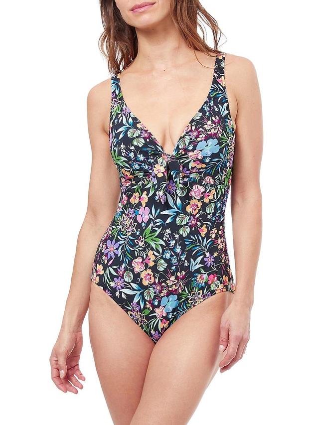 Profile by Gottex Flora Print V-Neck Bow Tie Tank Underwire Tummy Control One Piece Swimsuit Product Image