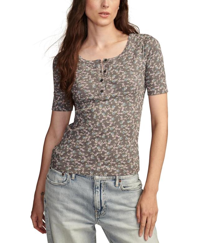 Lucky Brand Womens Printed Ribbed Short-Sleeve Henley Tee Product Image