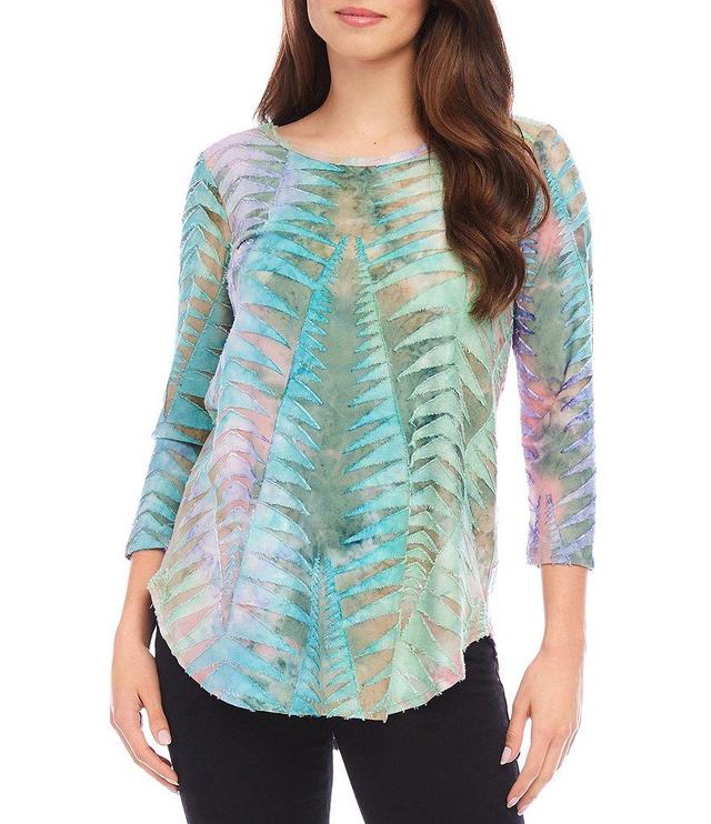 Karen Kane Burnout Texture Tie-Dye Boat Neck 3/4 Sleeve Shirttail Hem Top Product Image