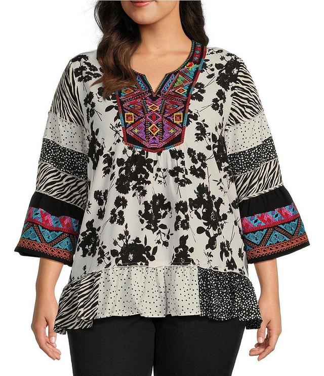 Calessa Plus Size Woven Embroidered Patchwork Border Floral Print Split V Neck 3/4 Sleeve Straight Hem Pullover Tunic Product Image