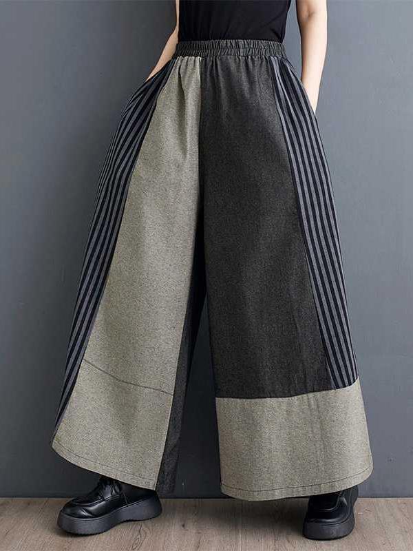 High Waisted Loose Elasticity Pockets Split-Joint Striped Pants Trousers Product Image