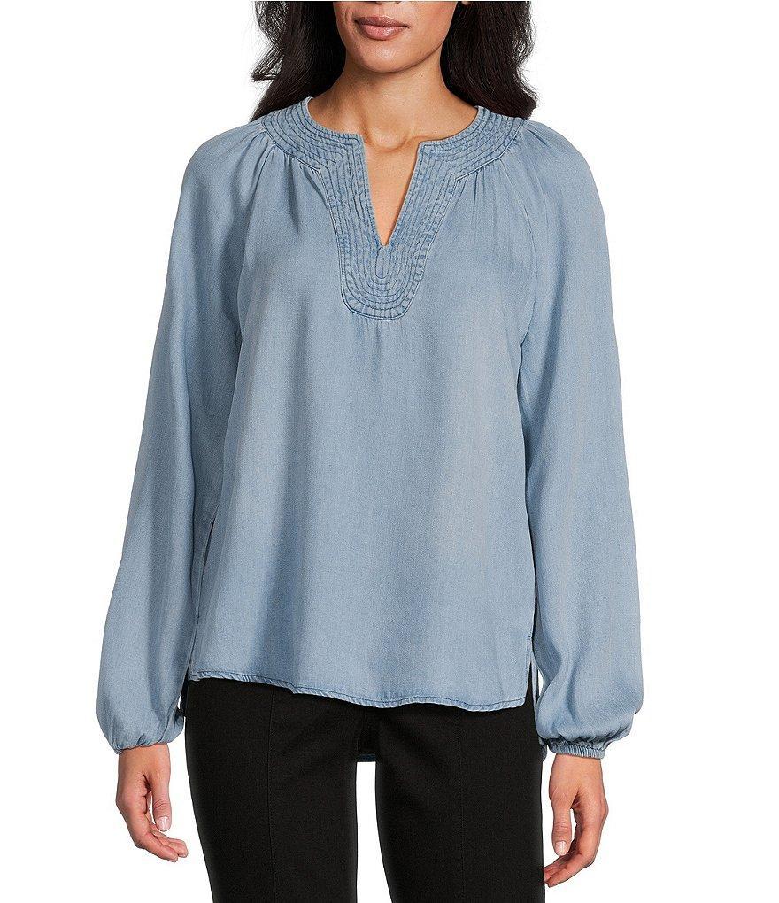 Westbound Long Sleeve Split V-Neck Embroidered Top Product Image