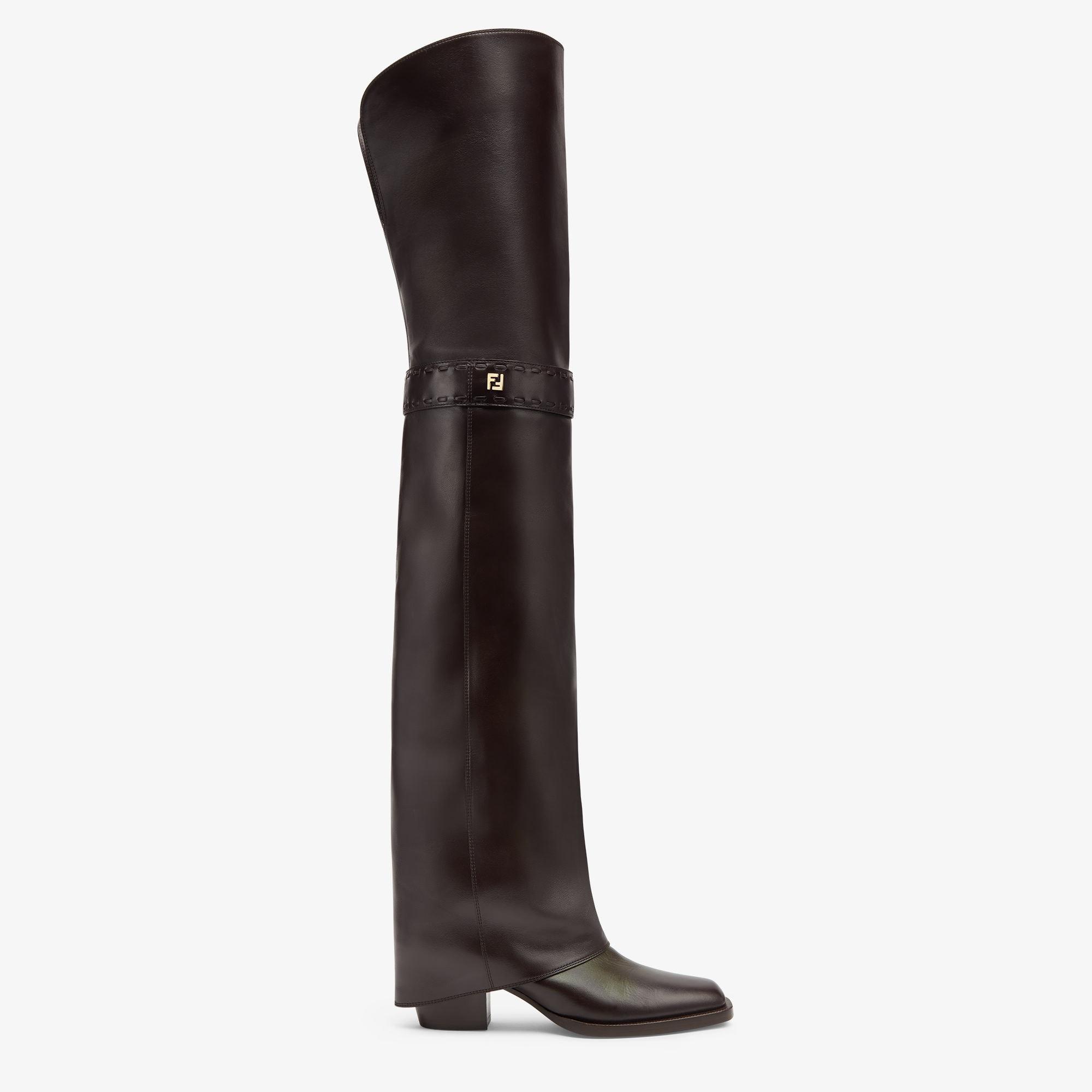 Fendi ShowBurgundy leather medium-heeled thigh-high boots Product Image