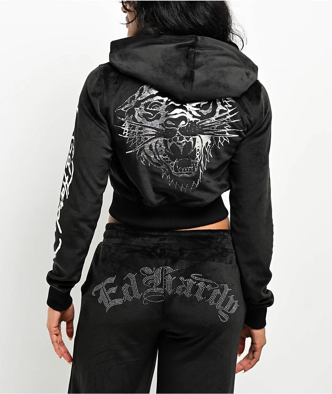 Ed Hardy Tiger Head Black Velour Crop Zip Hoodie Product Image