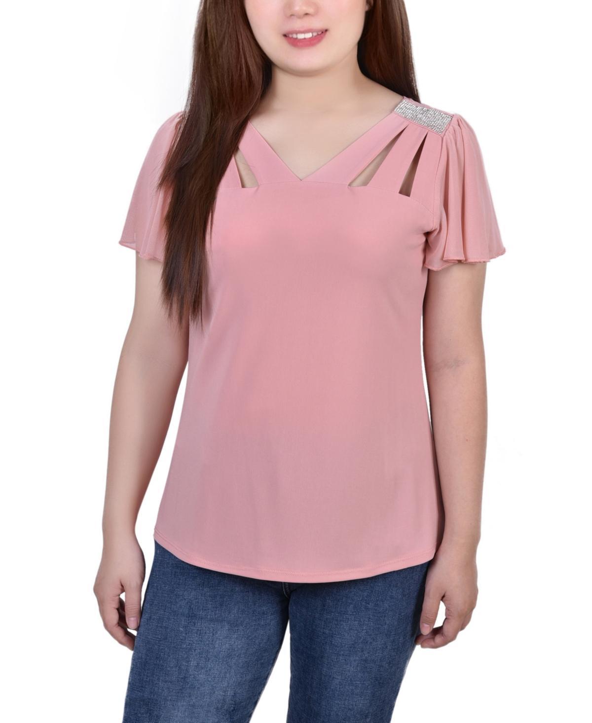 Womens Short Flutter Sleeve Top with Cutouts and Stones Product Image