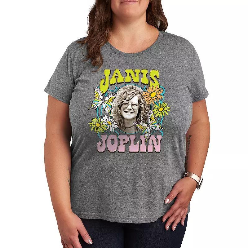 Plus Janis Joplin Butterfly Flowers Graphic Tee, Womens Grey Gray Product Image