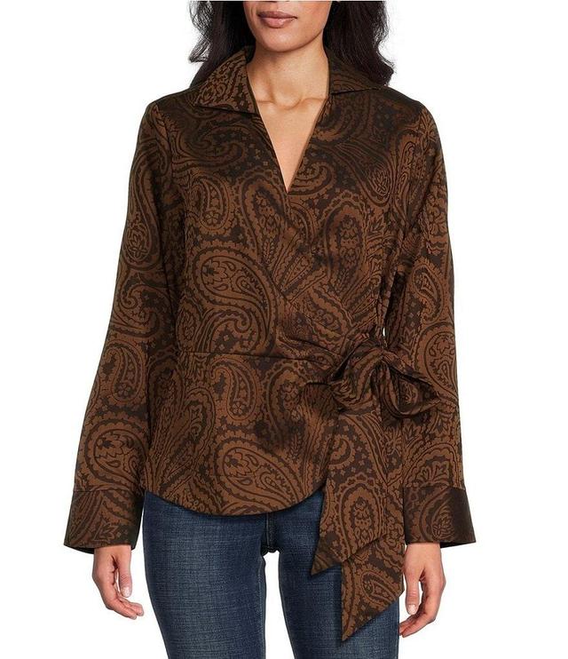 Foxcroft Paisley Point Collar Wrap Long Sleeve Blouse Product Image