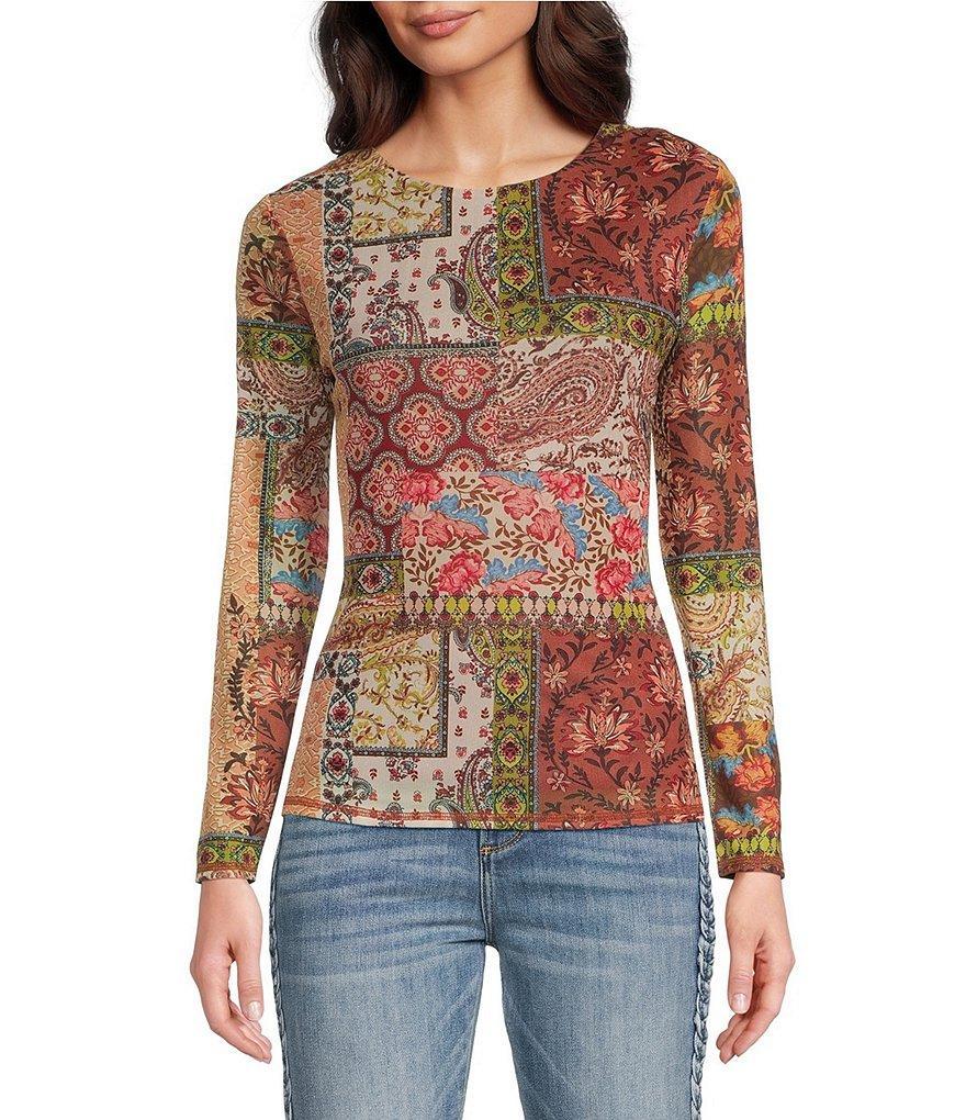 Reba Scoop Neck Patchwork Print Mesh Top Product Image