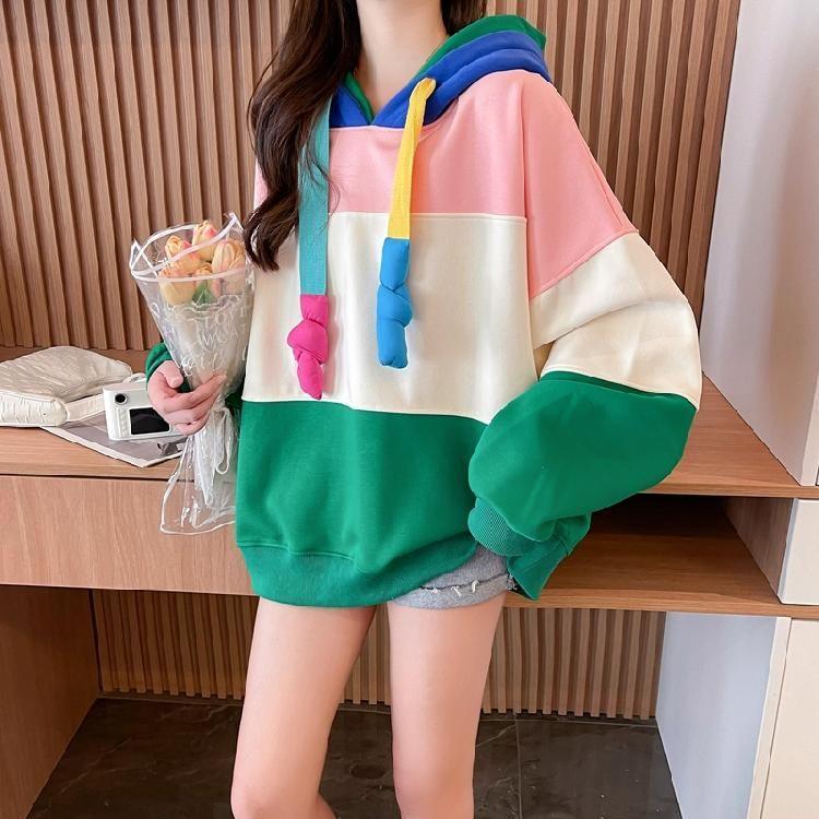 Color Block Drawstring Oversized Hoodie Product Image