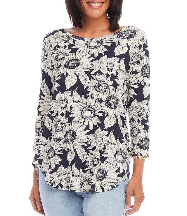 Karen Kane Petite Size Crepe Sunflower Print Scoop Neck 3/4 Sleeve Top Product Image