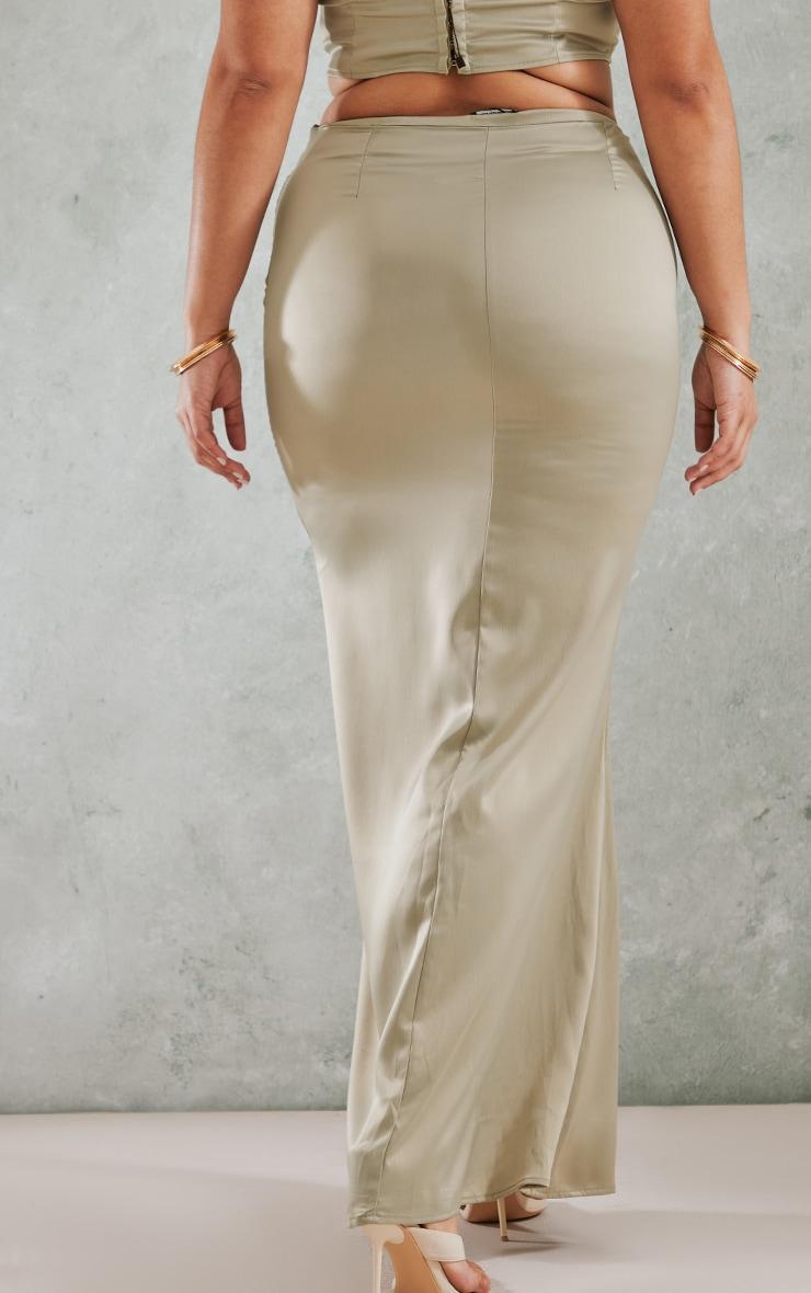 Plus Olive Embroidered Floral Satin Maxi Skirt Product Image