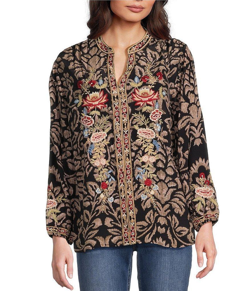 Karyn Seo Maria Damask Print Floral Embroidered Split V-Neck Long Sleeve Blouse Product Image