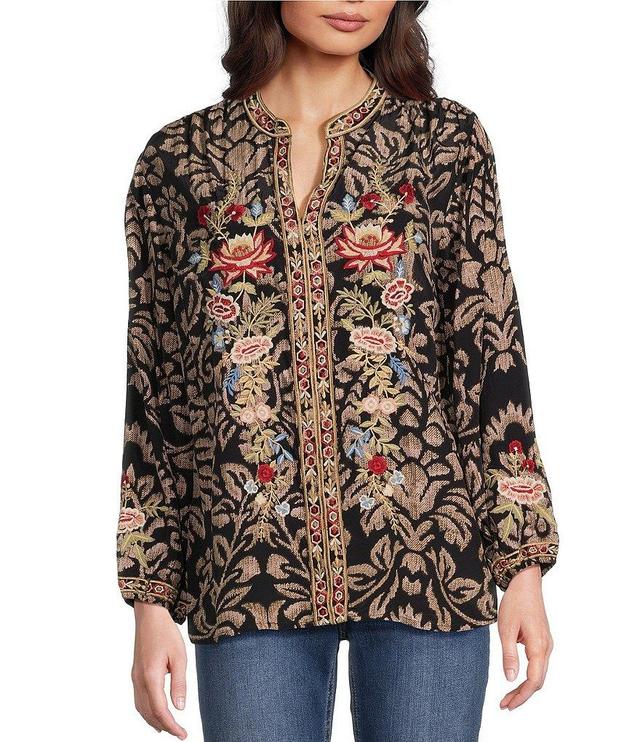 Karyn Seo Maria Damask Print Floral Embroidered Split V-Neck Long Sleeve Blouse Product Image