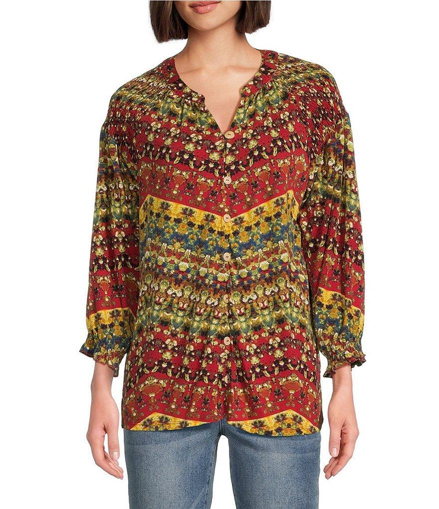 Tru Luxe Jeans Stretch Abstract Print V-Neck 3/4 Smocked Sleeve Top Product Image