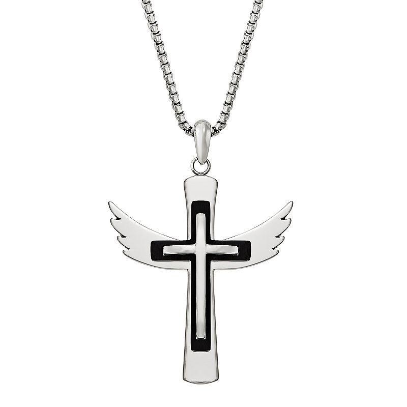 Mens Stainless Steel Winged Cross Pendant Necklace Silver Product Image