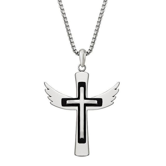 Mens Stainless Steel Winged Cross Pendant Necklace Silver Product Image