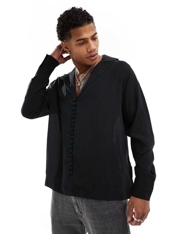 ASOS DESIGN relaxed deep revere shirt with button detail in black Product Image