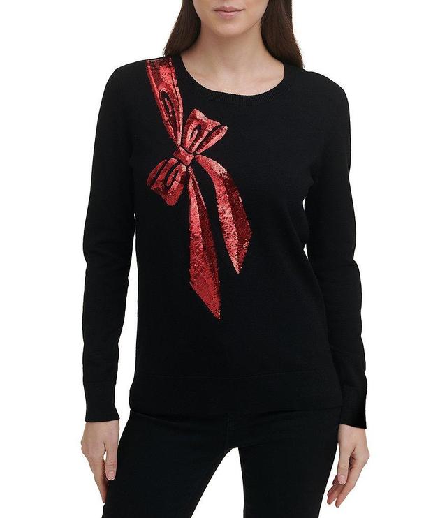 DKNY Sequin Bow Motif Crew Neck Long Sleeve Festive Sweater Product Image