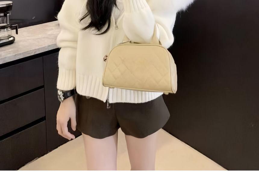 Fluffy Hooded Plain Zip Cropped Cardigan Product Image