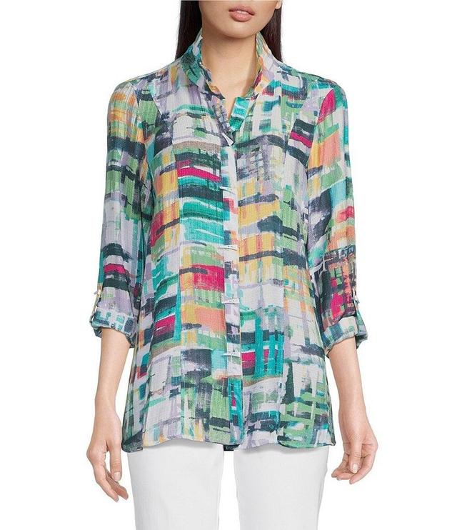 Ali Miles Woven Abstract Print Wire Collar 3/4 Roll Tab Sleeve Curved Hem Pocketed Button-Front Tunic Product Image