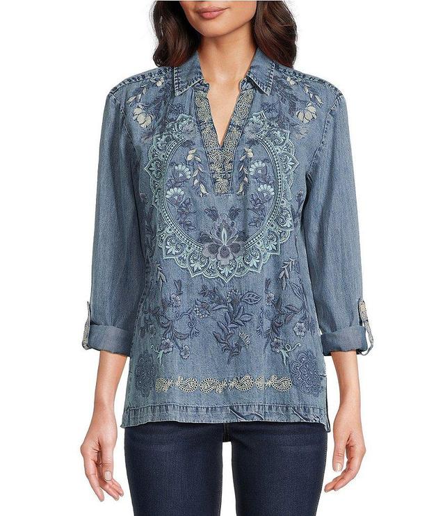 Tru Luxe Jeans Embroidered Collared V Neckline Long Sleeve Roll Tab Shirt Product Image