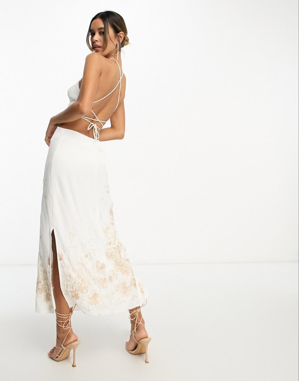 ASOS EDITION satin halter floral embroidered midi dress with cut-out back in ivory Product Image