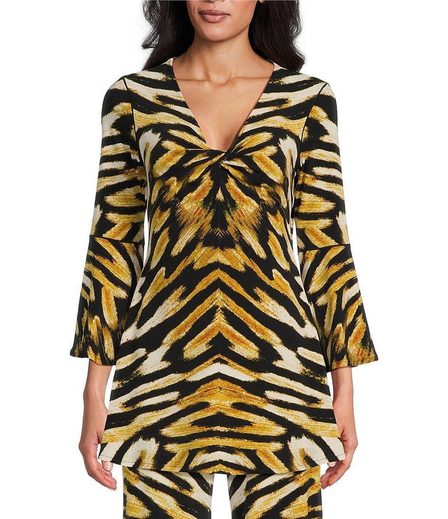 Eva Varro Abstract Animal Print Knit Jersey Twist V-Neck 3/4 Bell Sleeve A-Line Coordinating Tunic Product Image