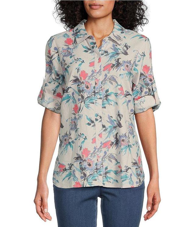 Intro Linen Blend Floral Point Collar 3/4 Roll-Tab Sleeve Button-Front Shirt Product Image