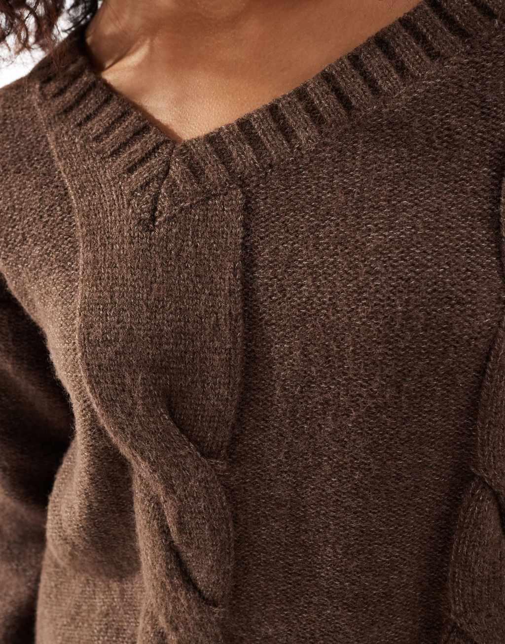 SNDYS premium asymmetric v neck cable knit sweater in mocha Product Image