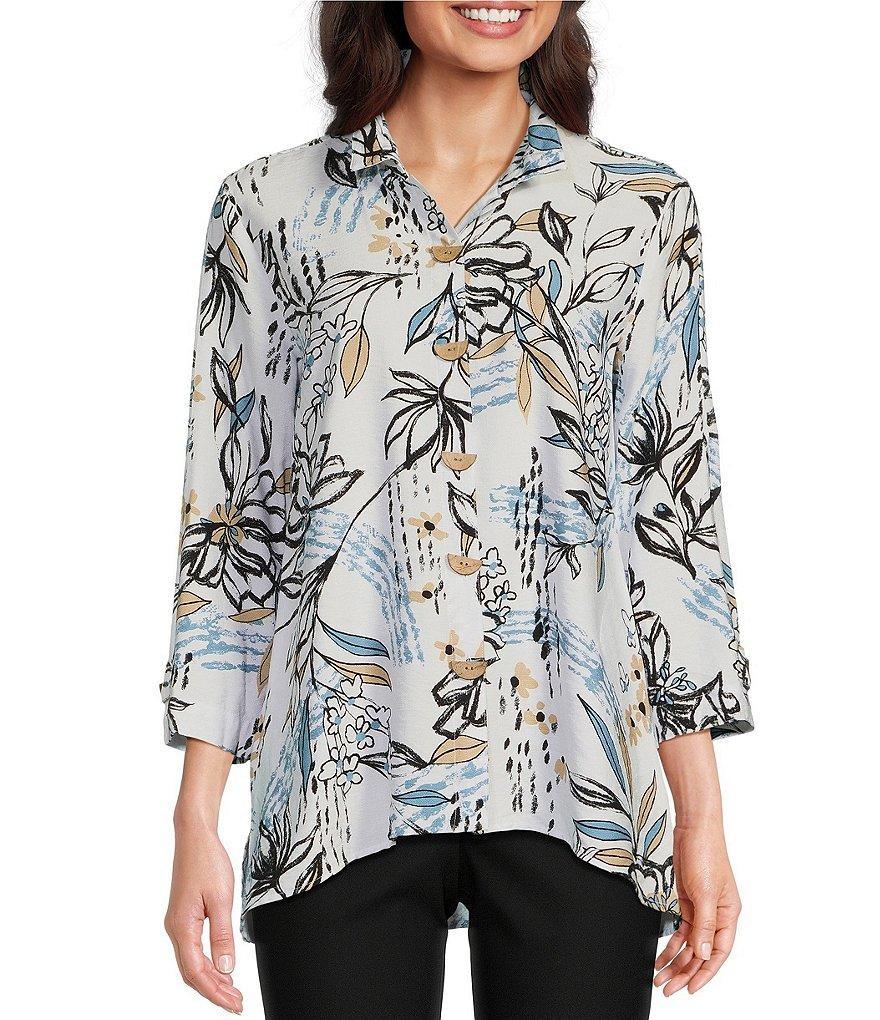 Ali Miles Floral Print Woven Point Collar 3/4 Sleeve High-Low Hem Button-Front Tunic Product Image