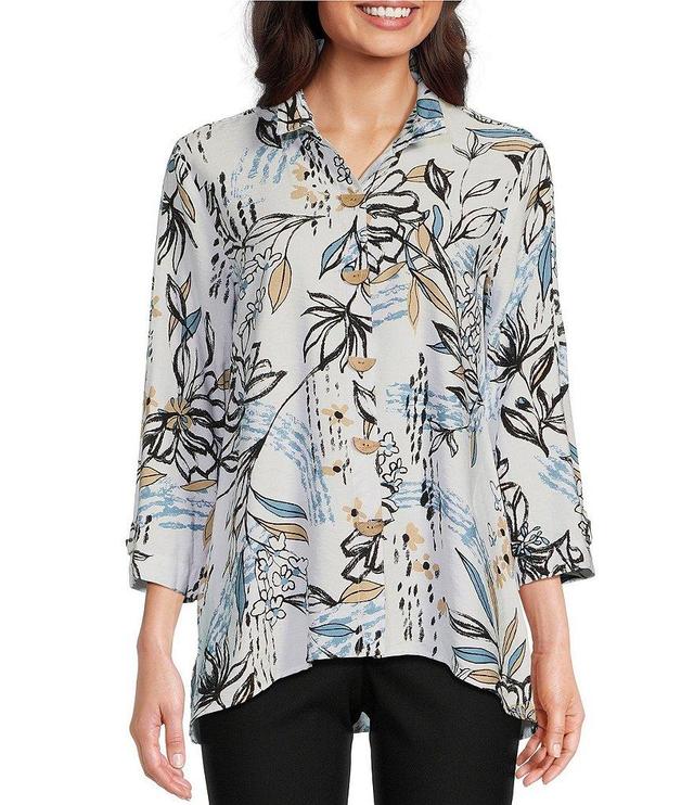 Ali Miles Floral Print Woven Point Collar 3/4 Sleeve High-Low Hem Button-Front Tunic Product Image