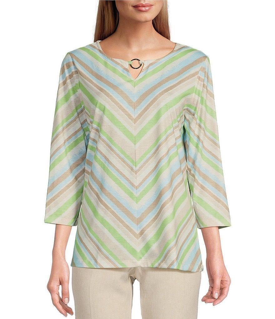 Allison Daley Petite Size Miter Stripe 3/4 Sleeve Keyhole Neck Knit Top Product Image