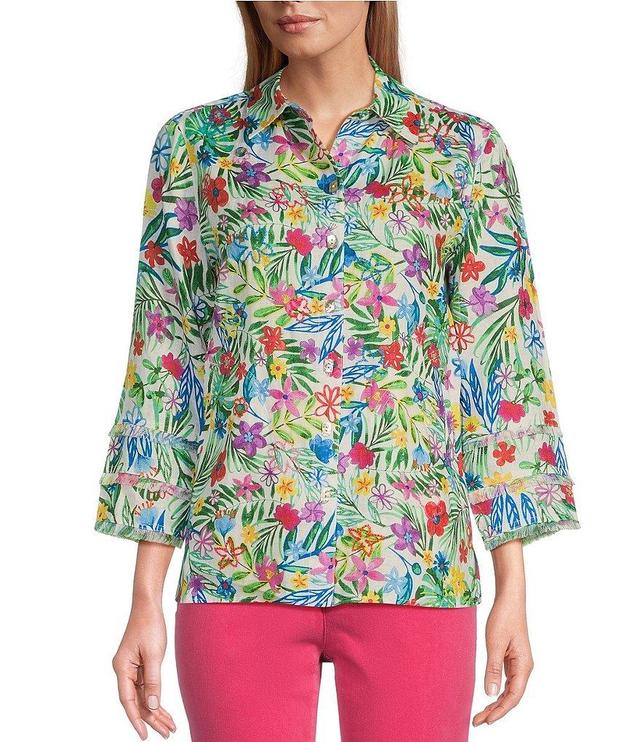 John Mark Linen Floral Print Point Collar 3/4 Sleeve Button Front Tunic Product Image